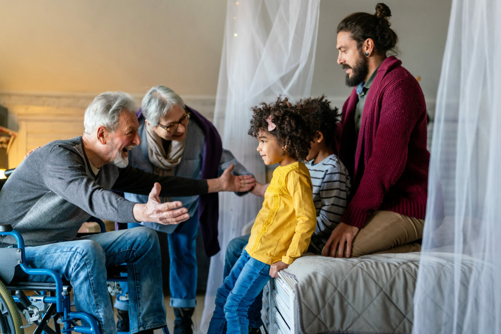 Portrait of multiethnic happy multigeneration family with adopted child. love people concept